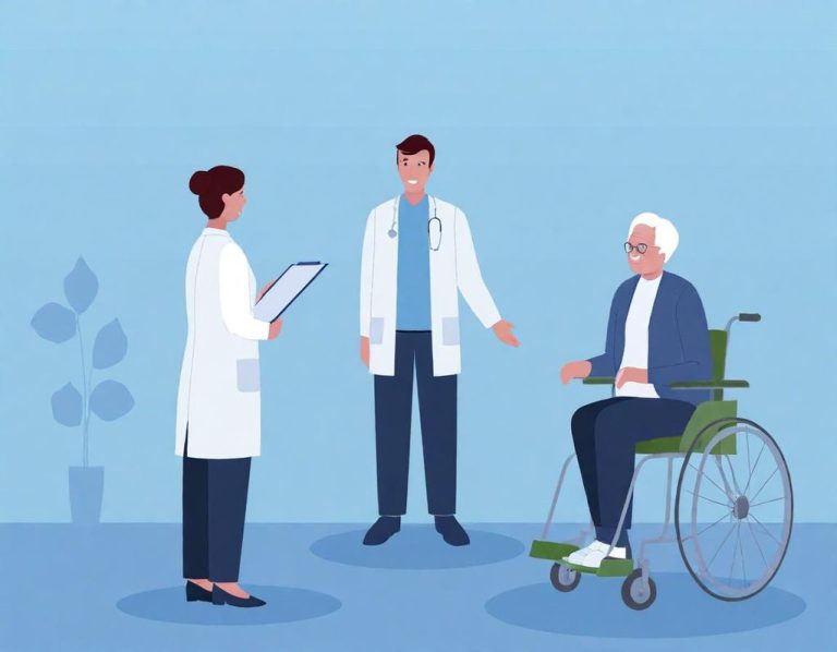 immagine di un dottore, una dottoressa e una donna in sedia a rotelle